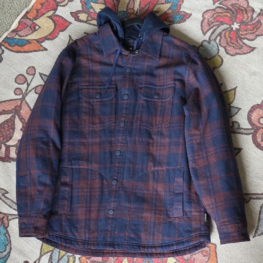 Men's Hooded Plaid Shirt Jacket - Navy and Redish Brown Flannel Large